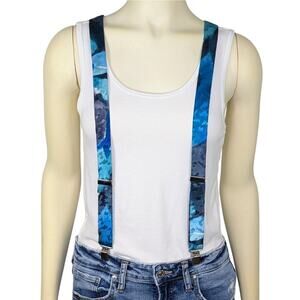 Retro 90s Y-Back Suspenders Clip On Adjustable Abstract Watercolor Blue Black